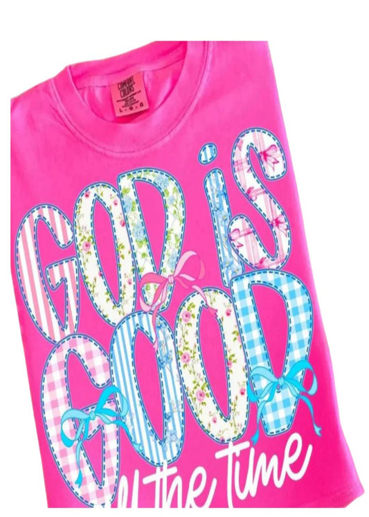 GOD IS GOOD ALL THE TIME PATCHWORK TEE - NEON PINK