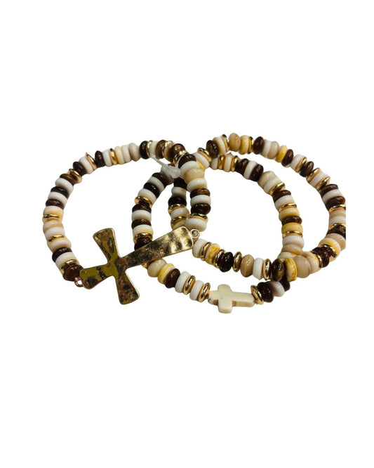 DISK BRACELET - BROWN AND WHITE WITH CROSS