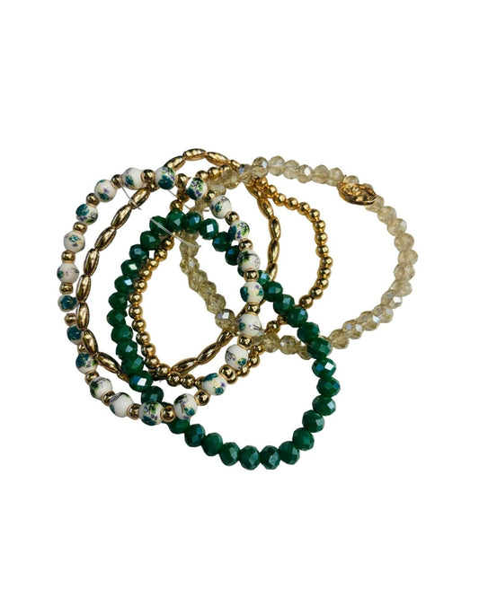 SET OF FIVE BEADED BRACELETS - GREEN AND GOLD CHINOISERIE