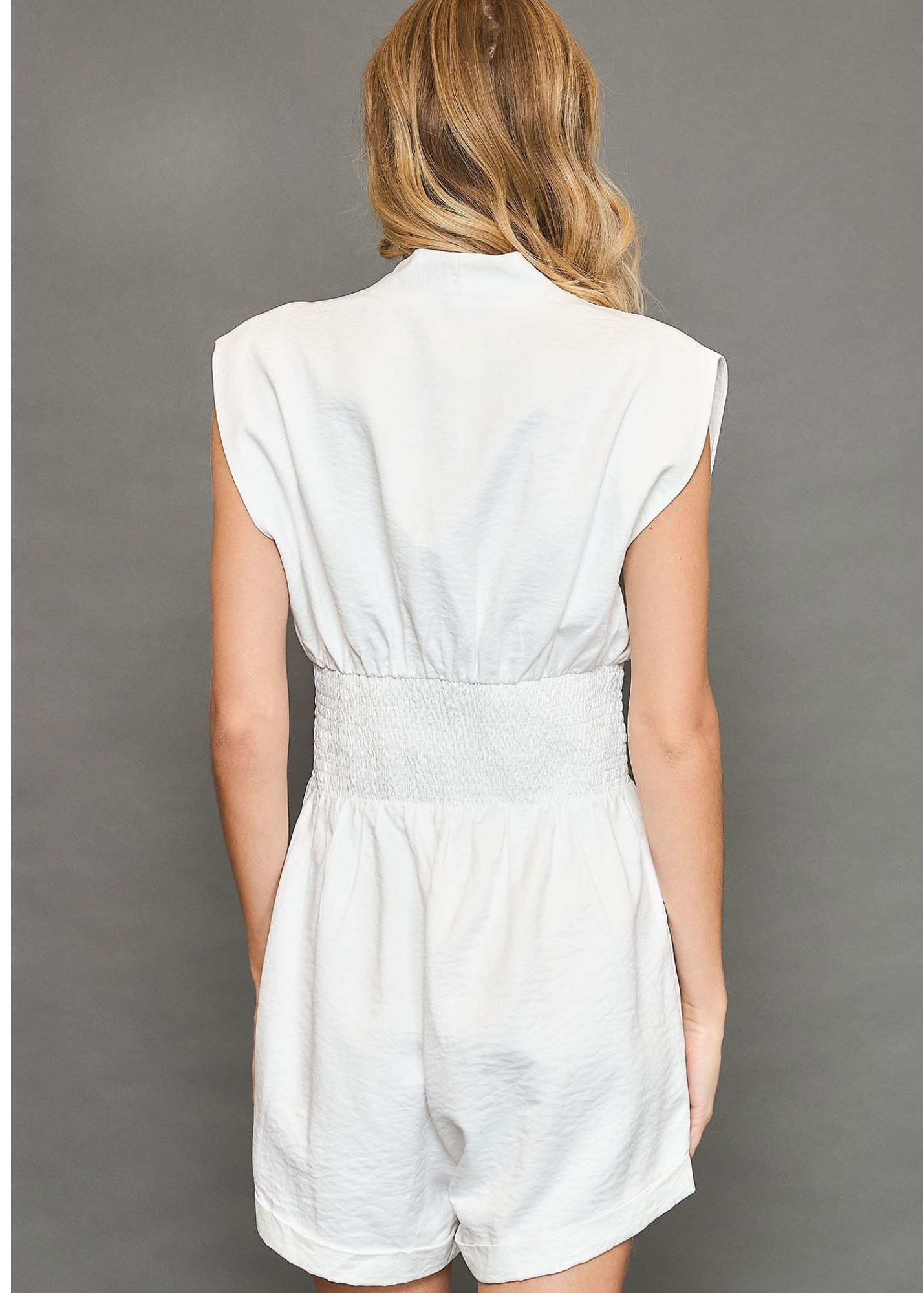 SHERRI V NECK BUTTON DOWN ROMPER- OFF WHITE