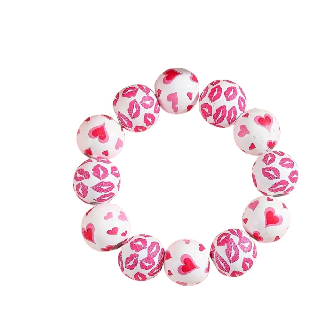 Valentine'S Day - Heart & Lips Print Beaded Elastic Bracelet