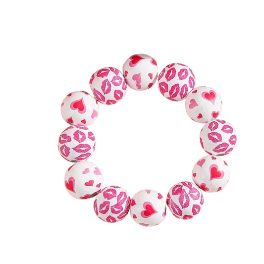 Valentine'S Day - Heart & Lips Print Beaded Elastic Bracelet