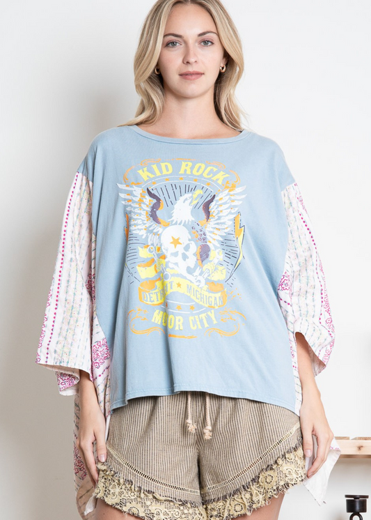 SAYLOR EAGLE PRINT PANCHO SLEEVE TOP-LIGHT BLUE