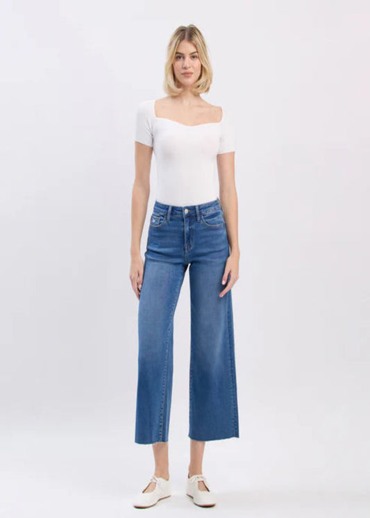 HIGH RISE RAW HEM CROP SLIM WIDE LEG JEANS