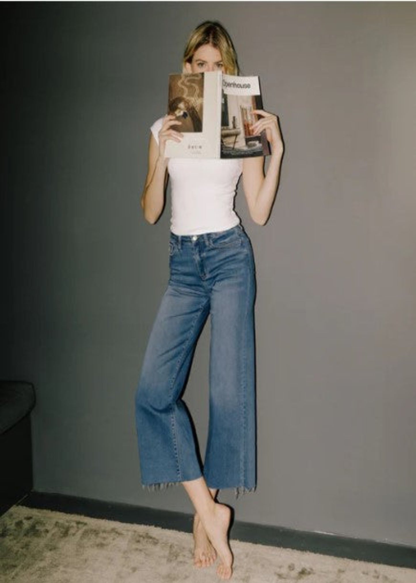 High Rise Raw Hem Crop Slim Wide Leg Jeans