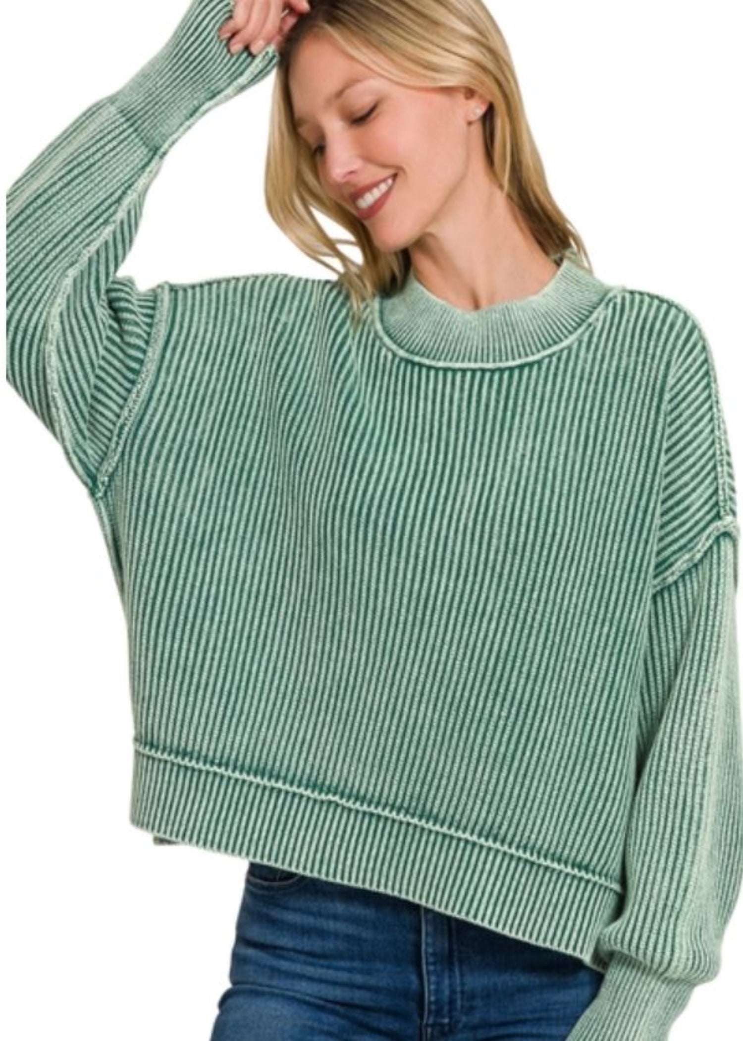 WASHED SIDE SLIT OVERSIZED CROP SWEATER - DARK GREEN