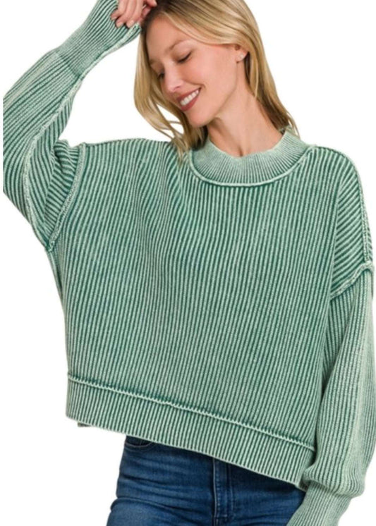 WASHED SIDE SLIT OVERSIZED CROP SWEATER - DARK GREEN
