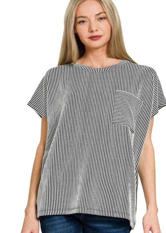 RAISED RIB FRONT POCKET BOXY TOP - BLACK AND WHITE