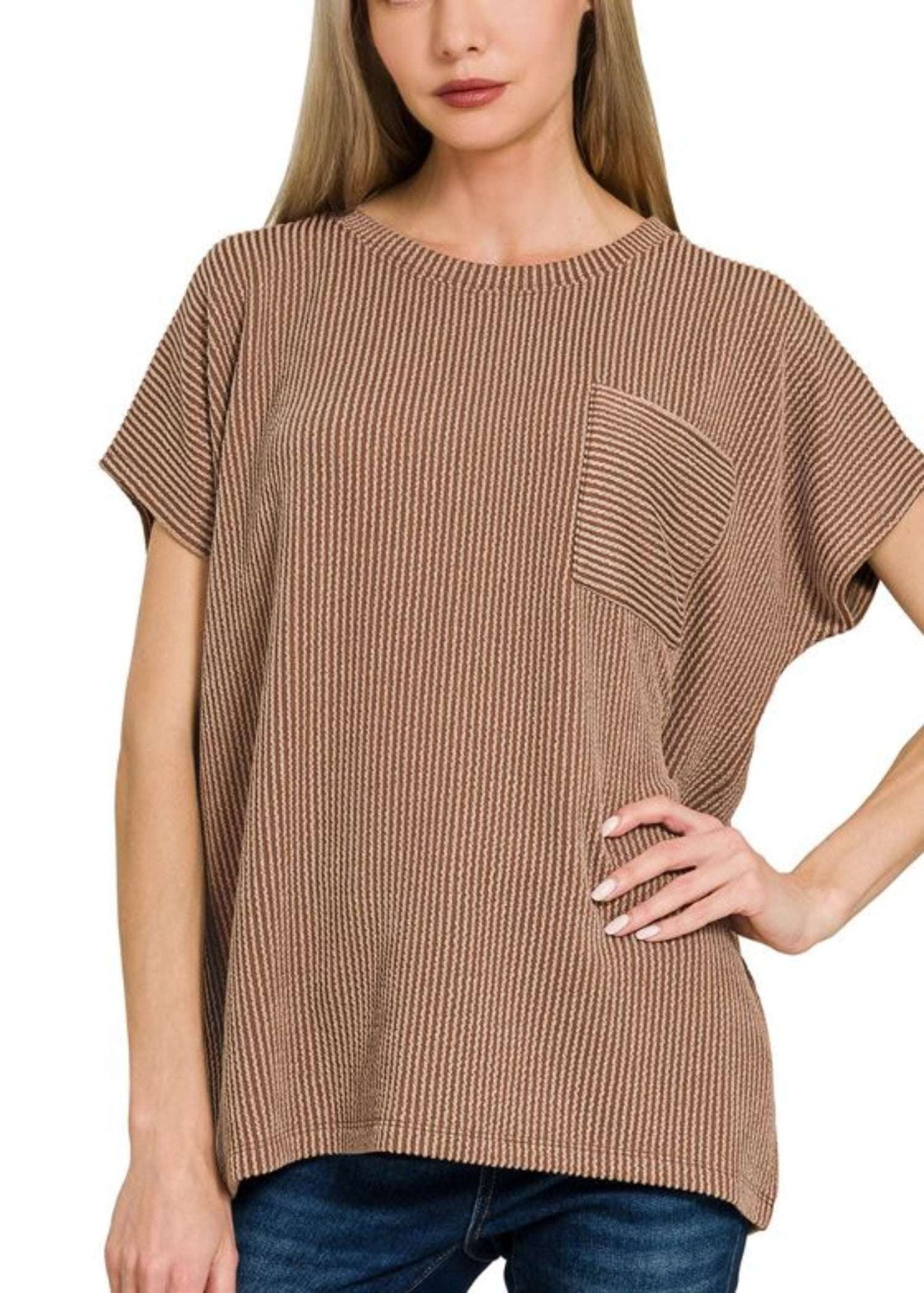 RAISED RIB FRONT POCKET BOXY TOP - BROWN