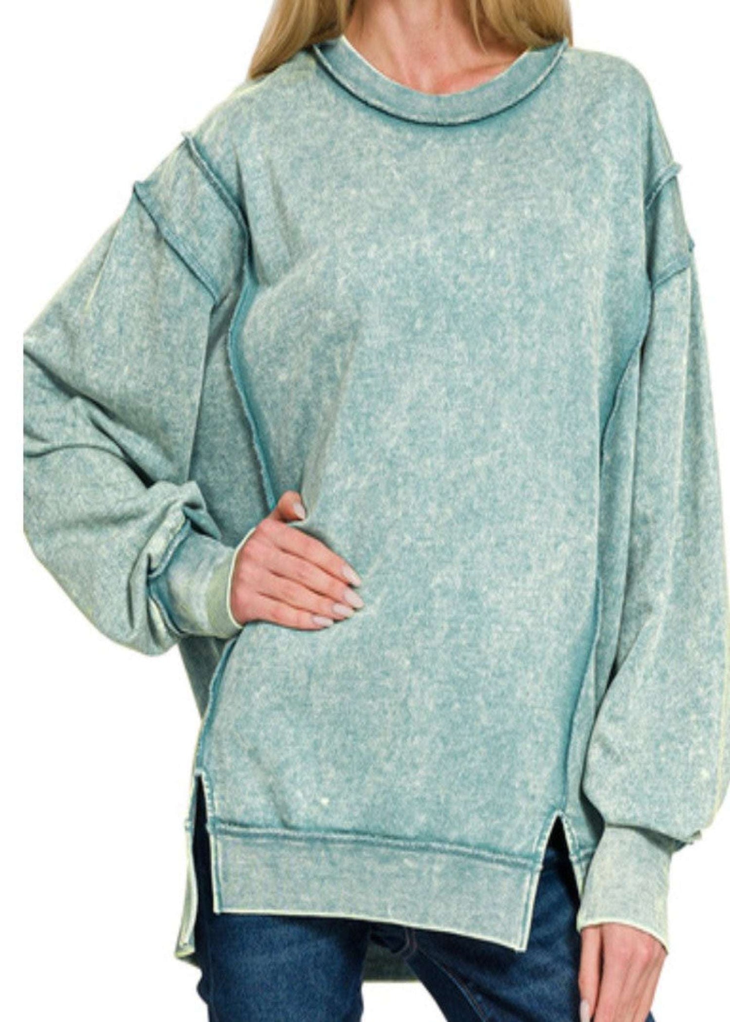 ACID WASH TERRY EXPOSED-SEAM ASH BLUE SWEATSHIRT