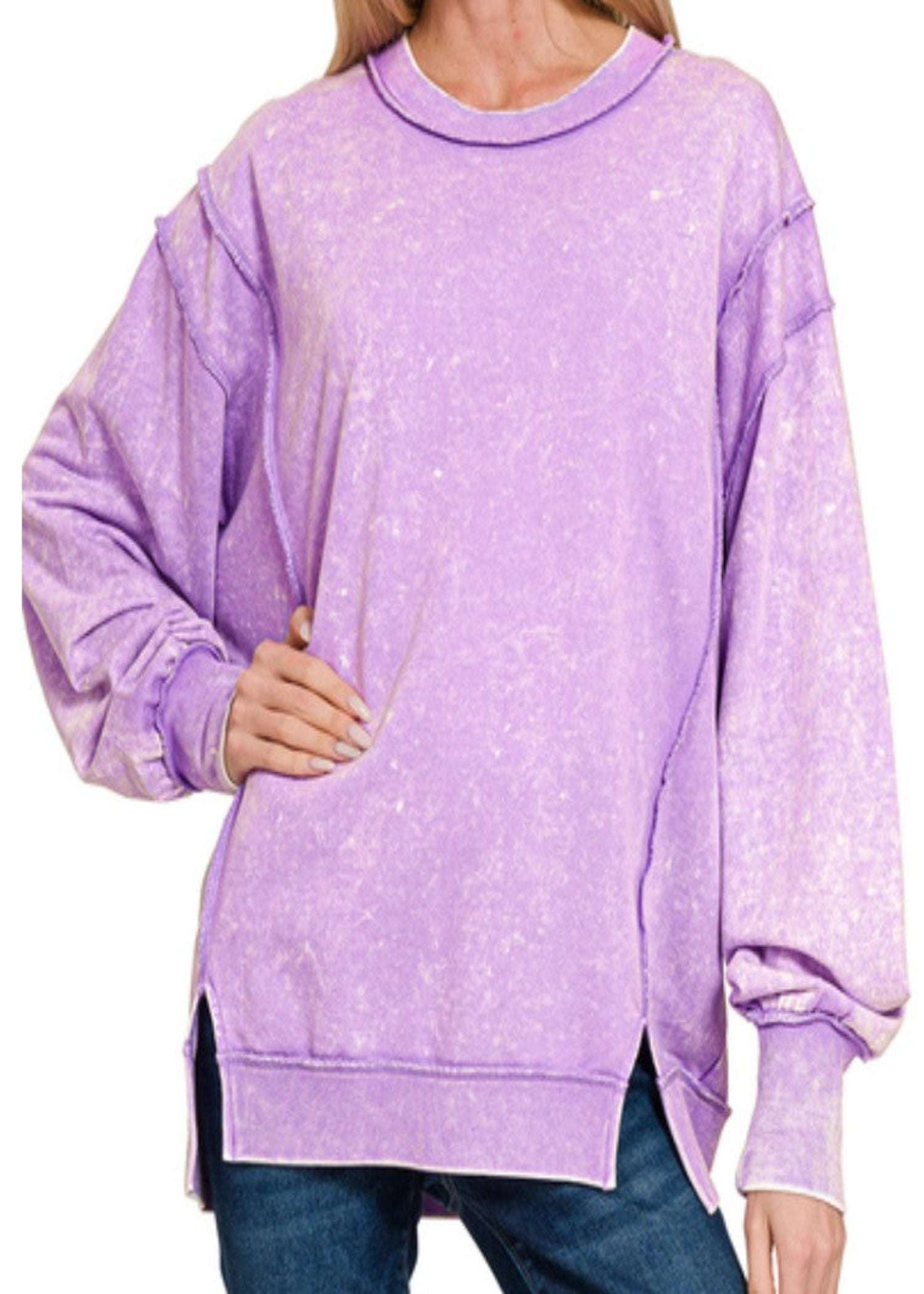 ACID WASH TERRY EXPOSED-SEAM LAVENDER SWEATSHIRT
