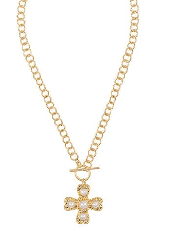 VINTAGE CREAM PEARL CORSS NECKLACE