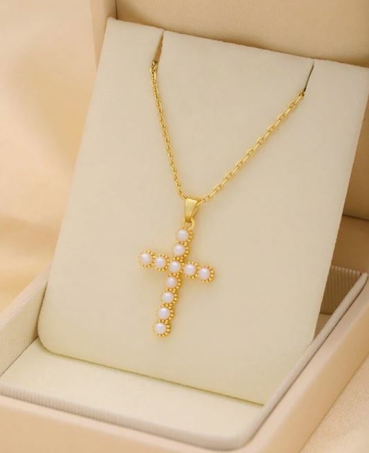 CROSS NECKLACE - PEARL AND GOLD
