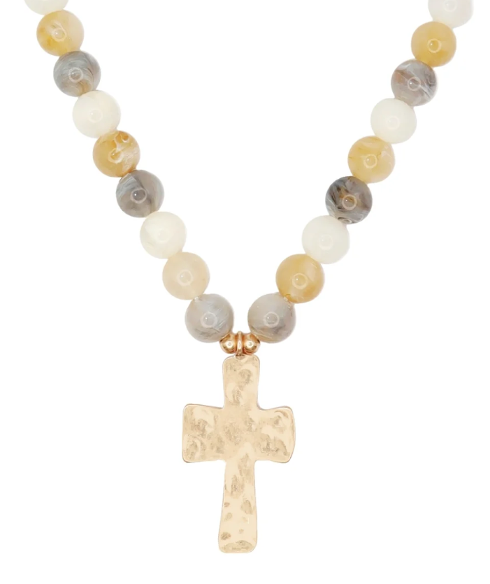 Hammered Cross Pendant Bead Necklace- IVORY