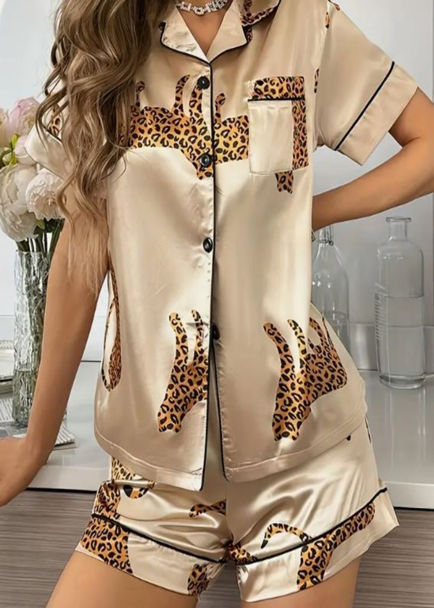 LEOPARD PRINT PAJAMA SATIN SET - CREAM
