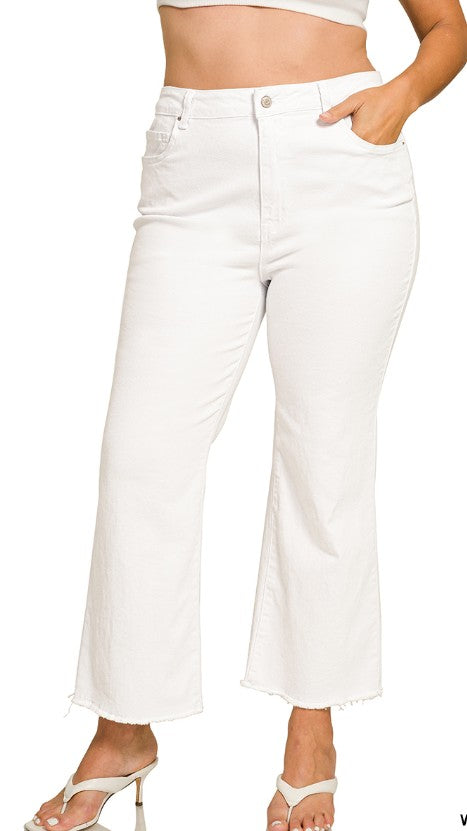 ACID WASH HIGH WAISTED FRAYED HEM BOOTCUT PANTS - WHITE PLUS SIZE