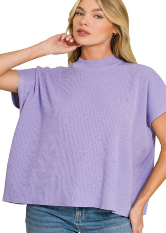 VISCOSE MOCKNECK SHORT SLEEVE BOXY SWEATER - LAVENDER