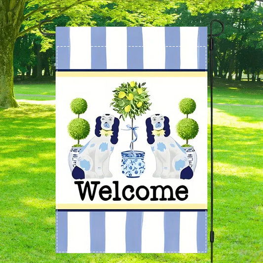CHARMING CHINESE-STYLE WELCOME GARDEN FLAG - BLUE AND WHITE DOG
