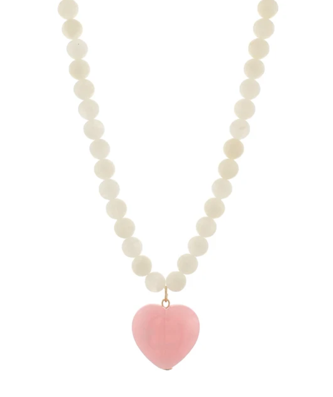 Marble Puffy Heart & Ball Necklace- LVORY/LIGHT PINK