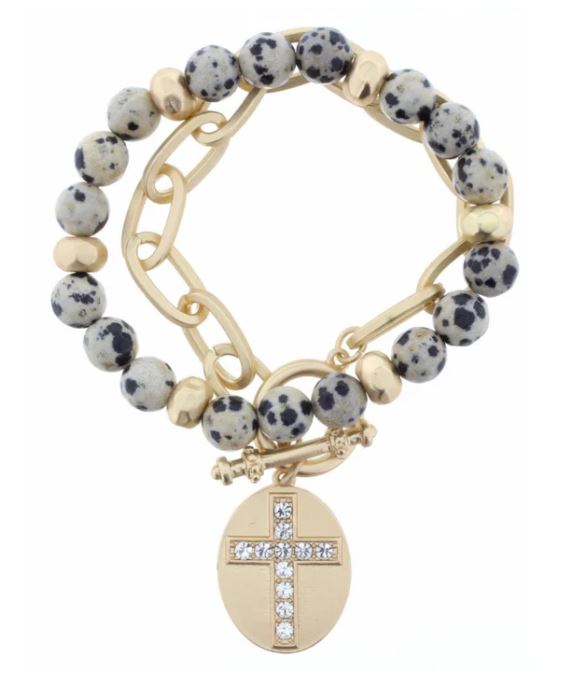 DALMATION BEADED BRACELET WITH GOLD CHAIN LINK AND CRYSTAL CROSS