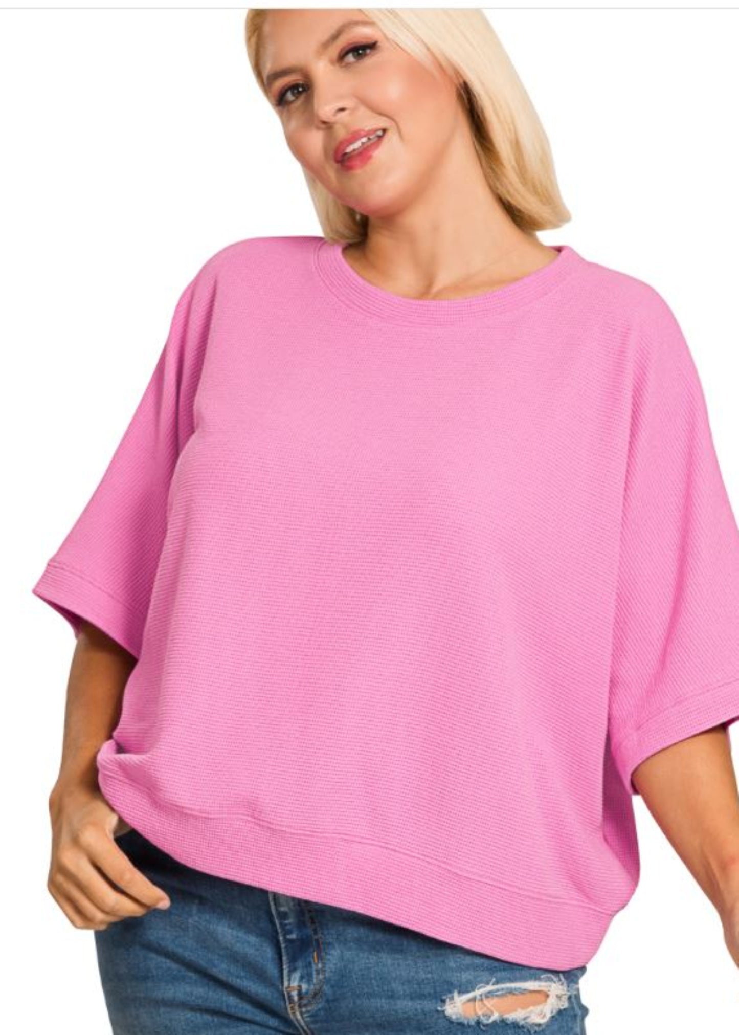 PLUS DOUBLE KNIT BANDED SHORT SLEEVE TOP - CANDY PINK