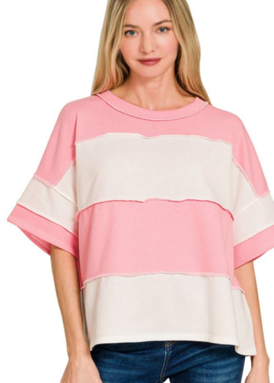 FRENCH TERRY COLOR BLOCKED EXPOSED SEAM TOP - DARK PINK