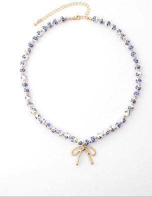 PRINTED CERAMIC BALL & RIBBON CHOKER BLUE/GOLD