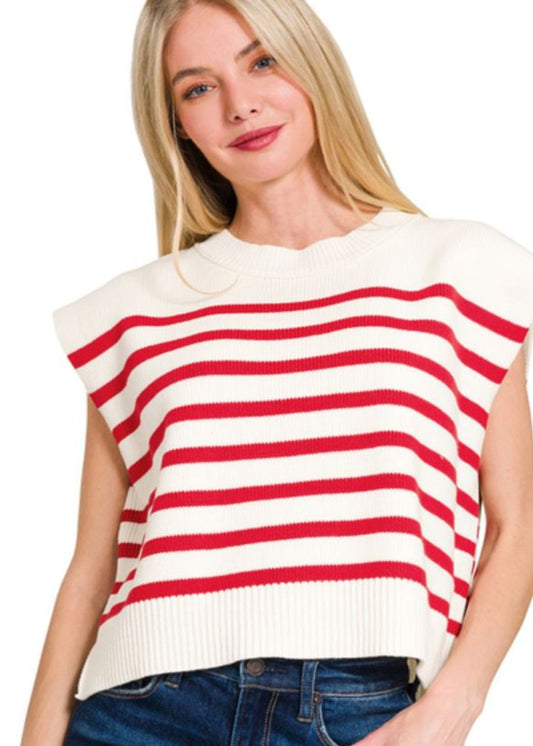 OVERSIZED CREW NECK STRIPE SWEATER VEST - RUBY