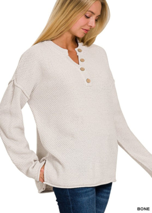 PLUS 4 BUTTONS HELENY NECKLINE BASIC SWEATER - BONE