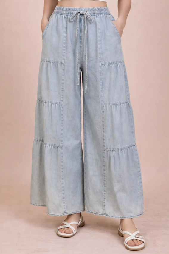 Tiered Layers Mineral Washed Chambray Pants- LT INDIGO