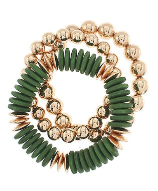 GREEN AND GOLD BEADED BRACELETS - SET OF THREE