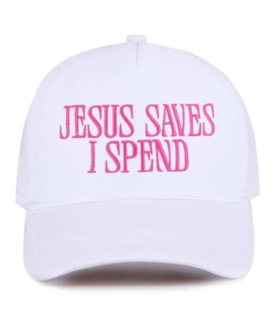 JESUS SAVES I SPEND MESH TRUCKER CAP - WHITE WITH PINK WRITING
