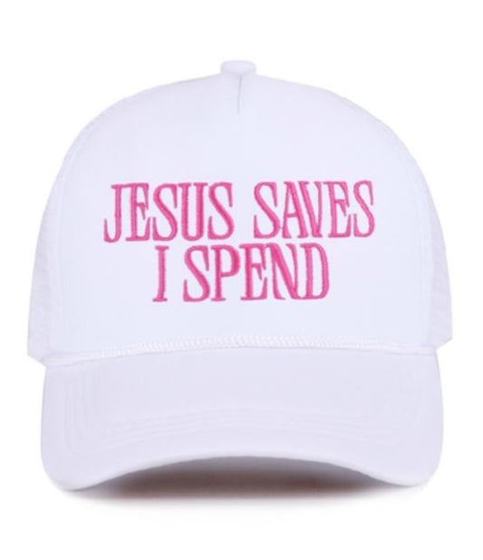 JESUS SAVES I SPEND MESH TRUCKER CAP - WHITE WITH PINK WRITING
