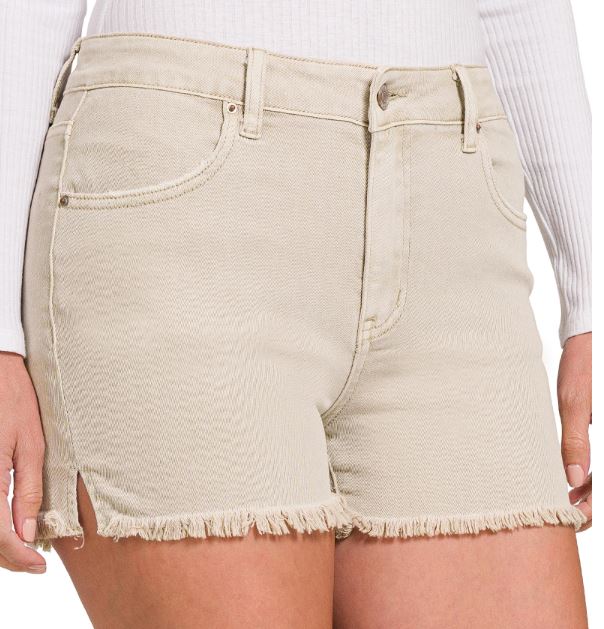 ACID WASHED FRAYED CUTOFF HEM SHORTS - SAND BEIGE