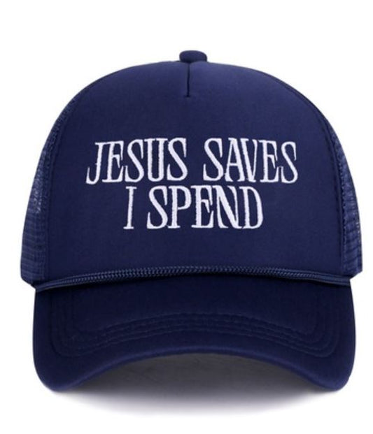 JESUS SAVES I SPEND MESH TRUCKER CAP - NAVY