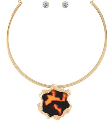 GEOMETRIC ROUND PENDANT WIRE CHOCKER SET - GOLD/TORTOISE