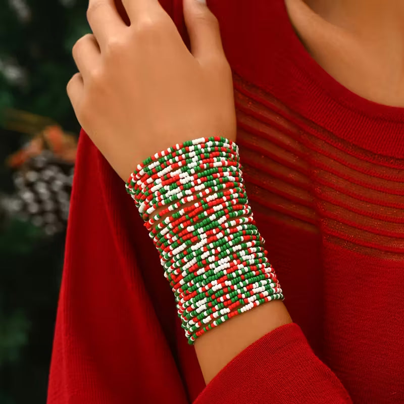 CHRISTMAS GREEN AND RED SEED BRACELETS