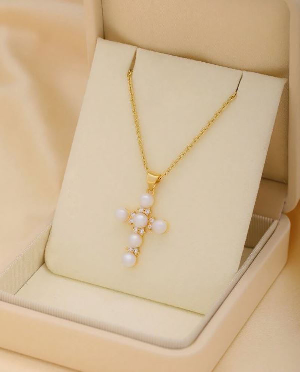 PEARL CROSS NECKLACE PENDANT - GOLD
