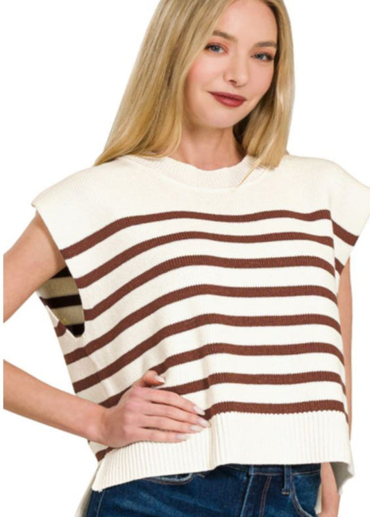 OVERSIZED CREW NECK STRIPE SWEATER VEST - BROWN