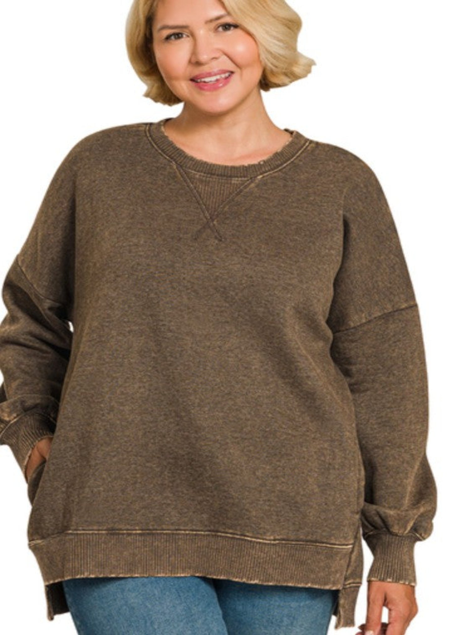 ACID WASH FLEECE HI-LOW HEM SWEATSHIRT - PLUS SIZE ESPRESSO