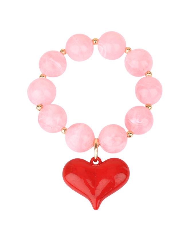 PUFFY HEART CHARM & MARBLE BALL BRACELET-LIGHT PINK/RED
