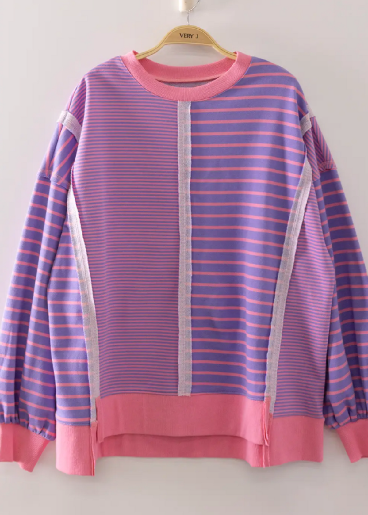Mixed Stripe Contrast Sweatshirt-LAVENDER/PINK