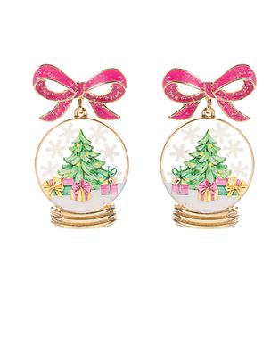 CHRISTMAS TREE SNOW GLOBE & PEARL EARRINGS - PINK/WHITE
