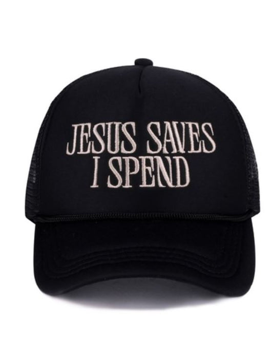 JESUS SAVES I SPEND MESH TRUCKER CAP - BLACK