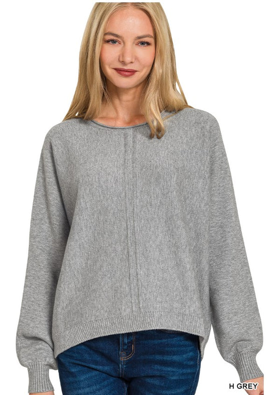 VISCOSE FRONT SEAM ROUND NECK SWEATER - H GREY