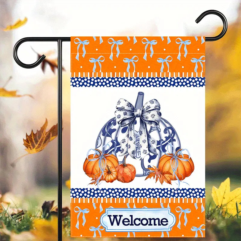 WELCOME PUMPKIN GARDEN FLAG - BLUE AND WHITE PORCELAIN