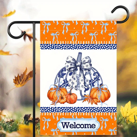 WELCOME PUMPKIN GARDEN FLAG - BLUE AND WHITE PORCELAIN