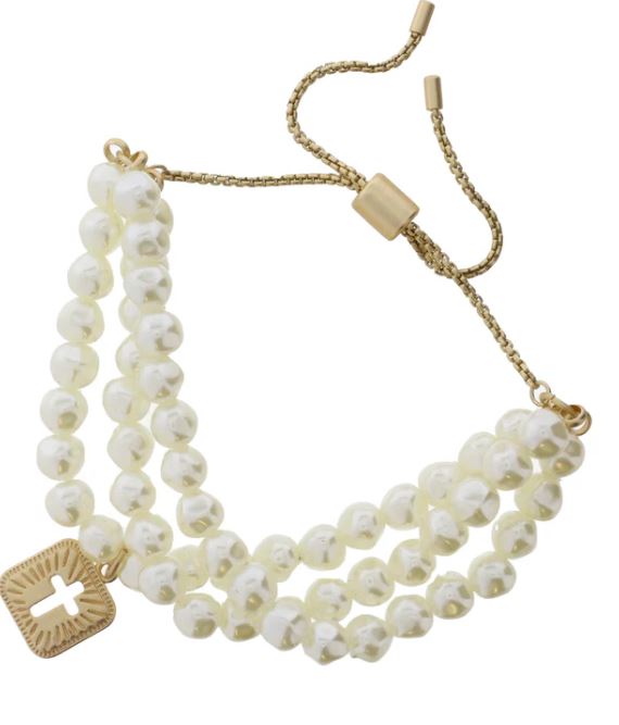PEARL AND GOLD ROUNDED BRACELET WITH CUT SQUARE CROSS
