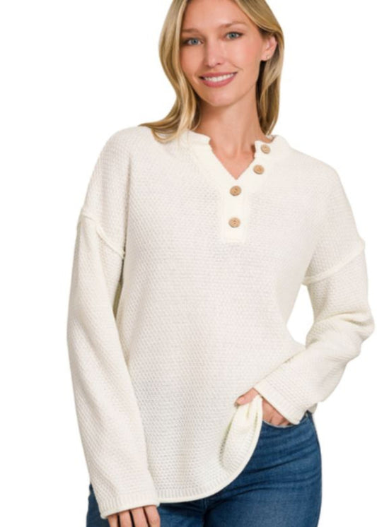 4 BUTTONS HENLEY NECKLINE BASIC SWEATER - IVORY