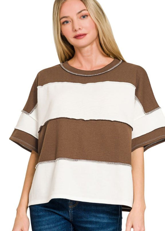 FRENCH TERRY COLOR BLOCKED EXPOSED SEAM TOP - BROWN